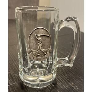 GOLF "AT THE TOP" GLASS MUG BEER STEIN TANKARD WITH PEWTER EMBLEM